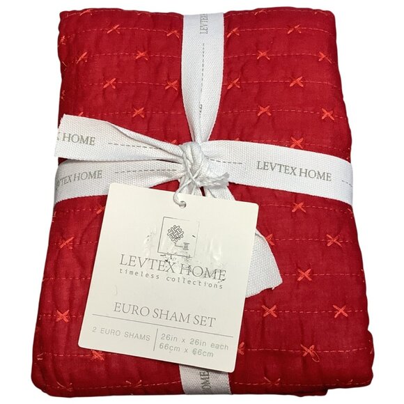 2 Levtex Home Red Euro Sham Cross Stitch 26" X 26" Cotton Timeless Collections - Picture 4 of 5